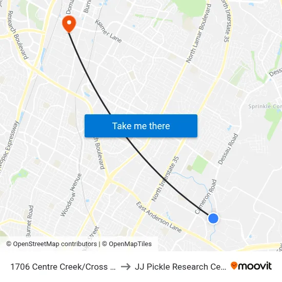 1706 Centre Creek/Cross Park to JJ Pickle Research Center map