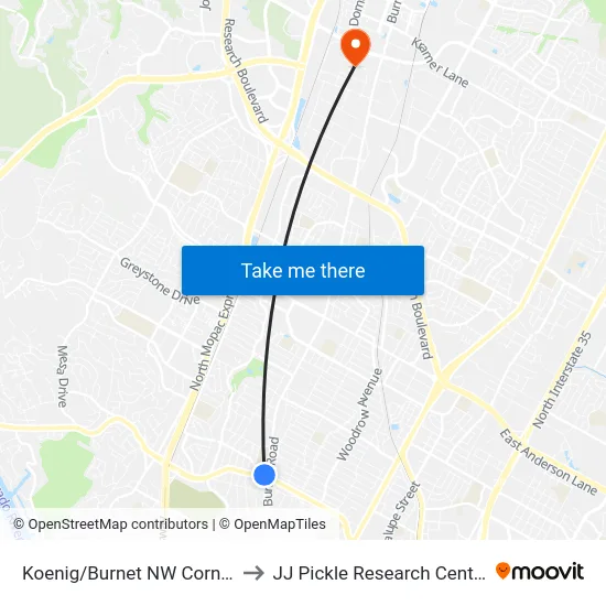 Koenig/Burnet NW Corner to JJ Pickle Research Center map