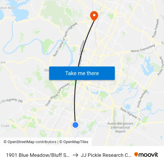 1901 Blue Meadow/Bluff Springs to JJ Pickle Research Center map