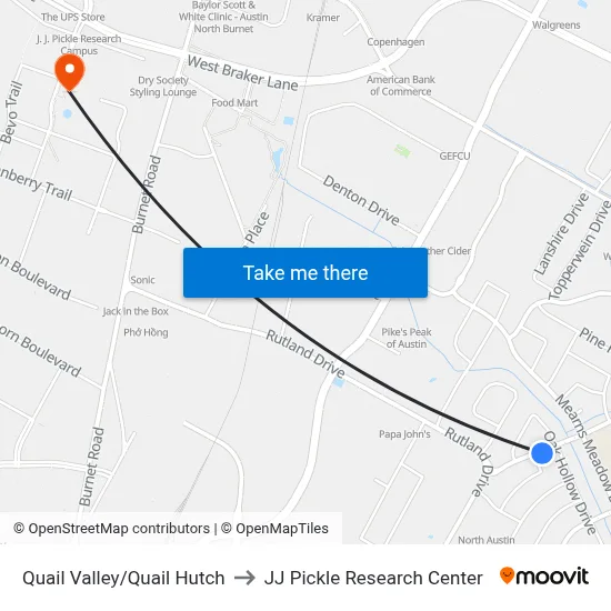 Quail Valley/Quail Hutch to JJ Pickle Research Center map