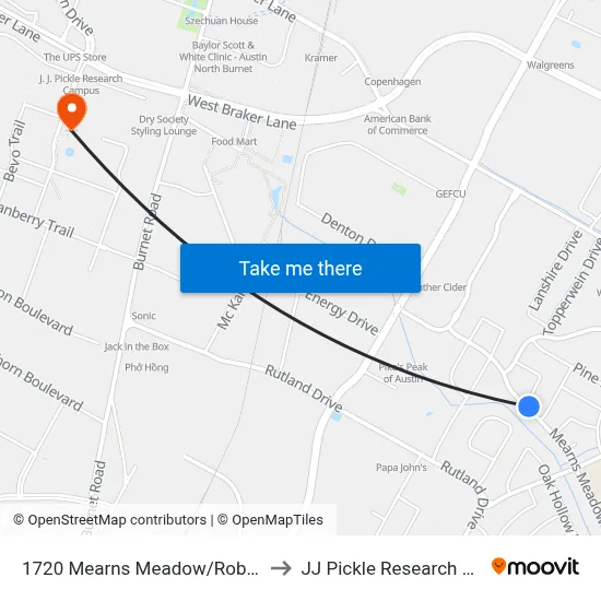 1720 Mearns Meadow/Robinwood to JJ Pickle Research Center map
