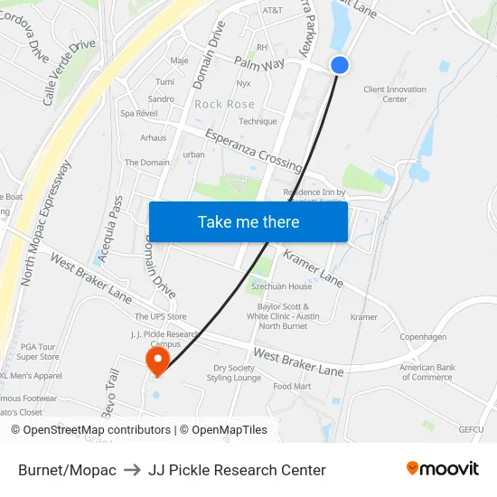 Burnet/Mopac to JJ Pickle Research Center map