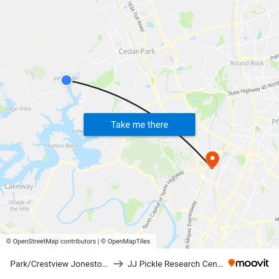Park/Crestview Jonestown to JJ Pickle Research Center map