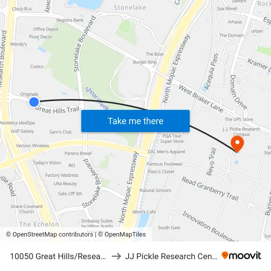 10050 Great Hills/Research to JJ Pickle Research Center map