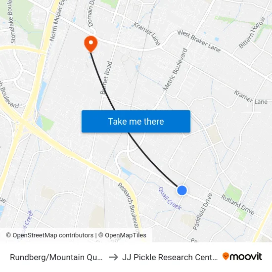 Rundberg/Mountain Quail to JJ Pickle Research Center map