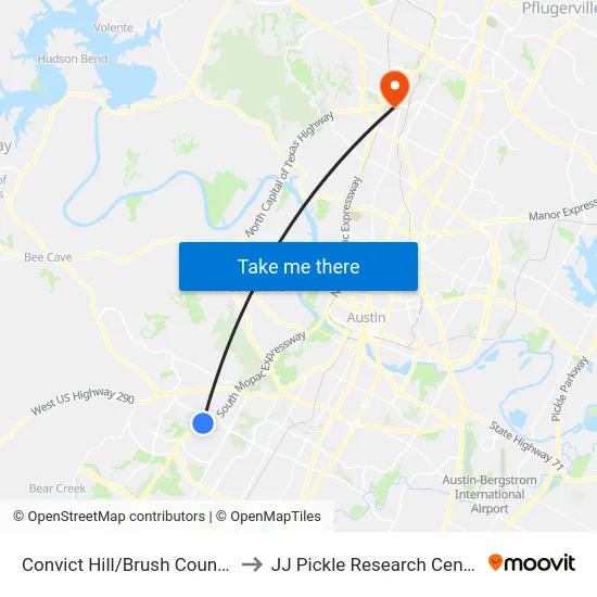 Convict Hill/Brush Country to JJ Pickle Research Center map