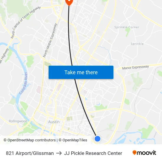 821 Airport/Glissman to JJ Pickle Research Center map