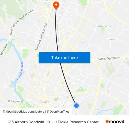 1135 Airport/Goodwin to JJ Pickle Research Center map