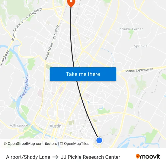 Airport/Shady Lane to JJ Pickle Research Center map