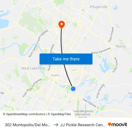 302 Montopolis/Del Monte to JJ Pickle Research Center map