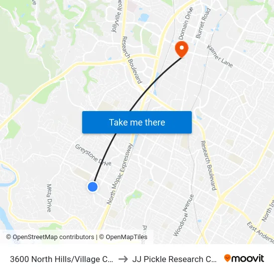 3600 North Hills/Village Center to JJ Pickle Research Center map