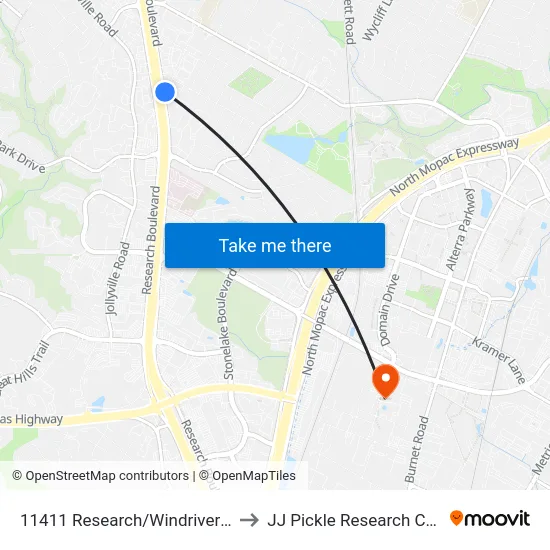 11411 Research/Windriver Apts to JJ Pickle Research Center map