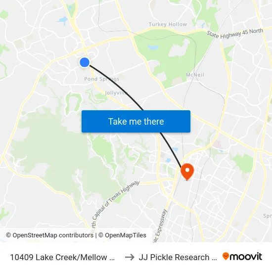 10409 Lake Creek/Mellow Meadows to JJ Pickle Research Center map