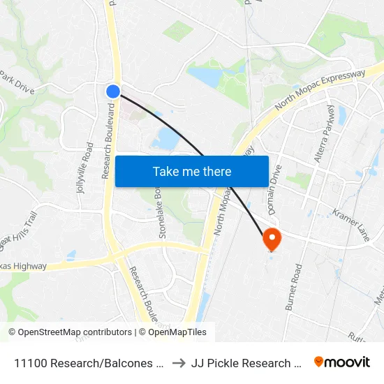11100 Research/Balcones Woods to JJ Pickle Research Center map