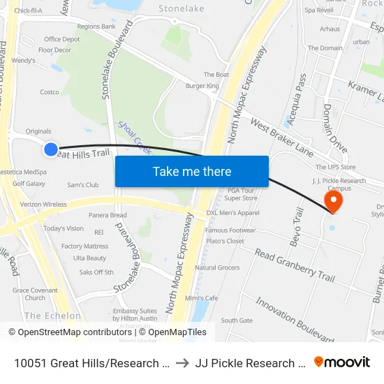 10051 Great Hills/Research (Target) to JJ Pickle Research Center map
