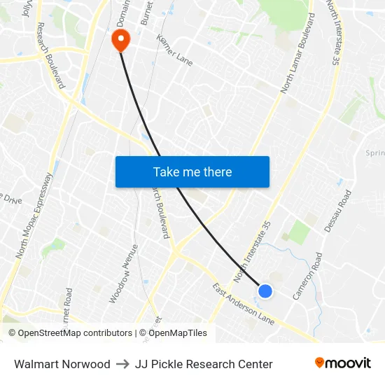Walmart Norwood to JJ Pickle Research Center map