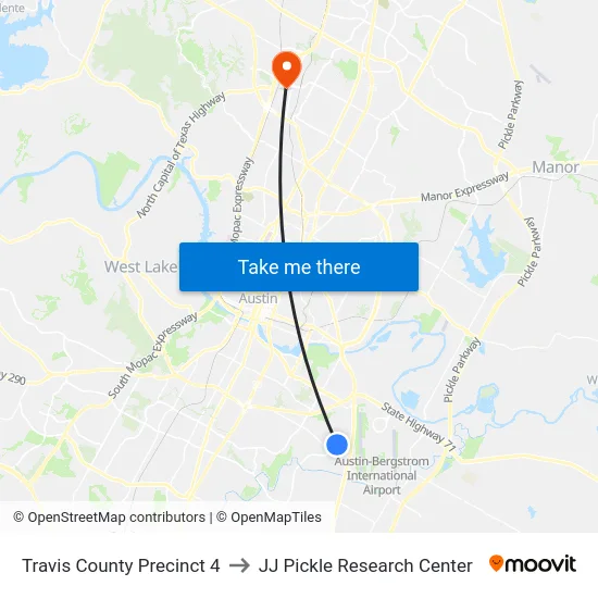 Travis County Precinct 4 to JJ Pickle Research Center map
