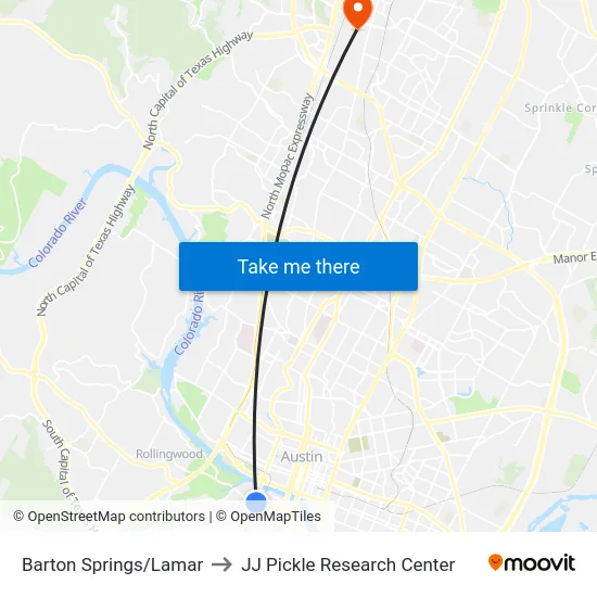 Barton Springs/Lamar to JJ Pickle Research Center map