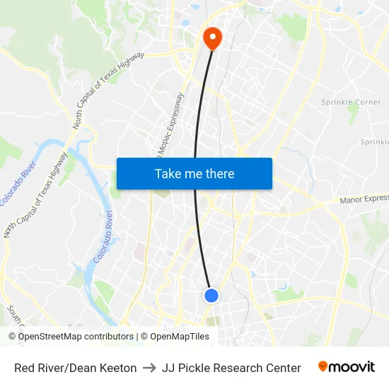 Red River/Dean Keeton to JJ Pickle Research Center map
