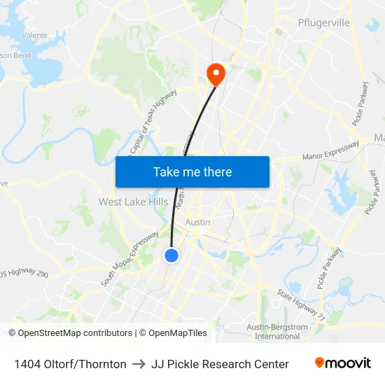 1404 Oltorf/Thornton to JJ Pickle Research Center map