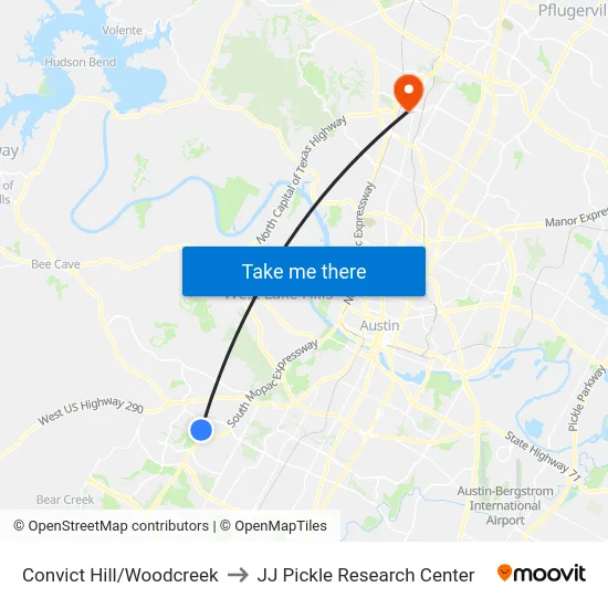 Convict Hill/Woodcreek to JJ Pickle Research Center map