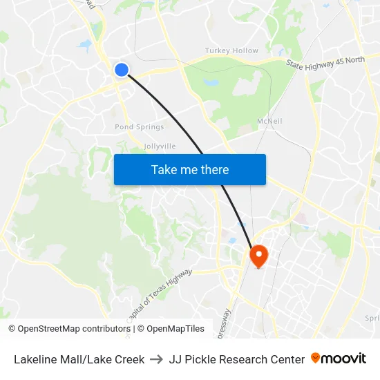 Lakeline Mall/Lake Creek to JJ Pickle Research Center map