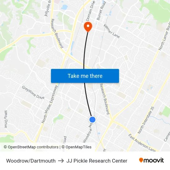 Woodrow/Dartmouth to JJ Pickle Research Center map