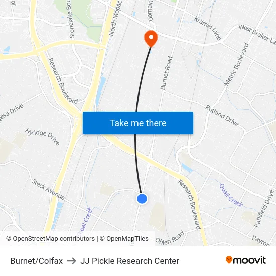 Burnet/Colfax to JJ Pickle Research Center map