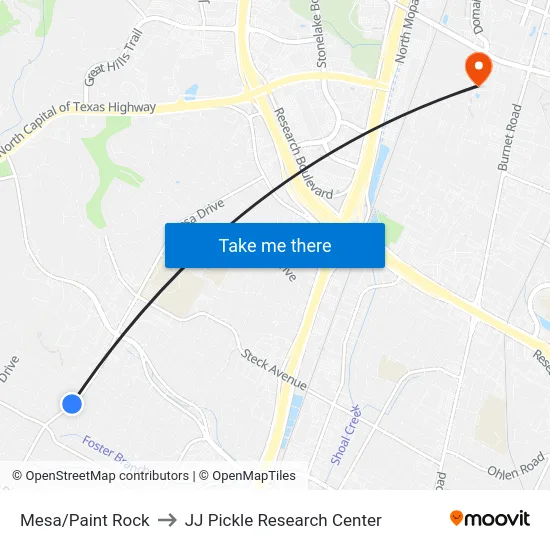 Mesa/Paint Rock to JJ Pickle Research Center map