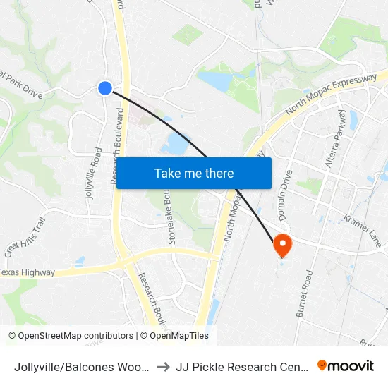Jollyville/Balcones Woods to JJ Pickle Research Center map