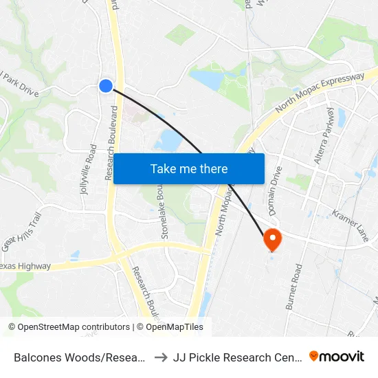 Balcones Woods/Research to JJ Pickle Research Center map