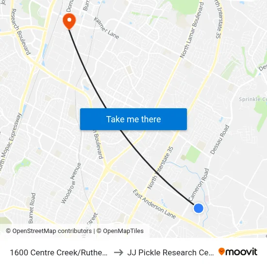 1600 Centre Creek/Rutherford to JJ Pickle Research Center map