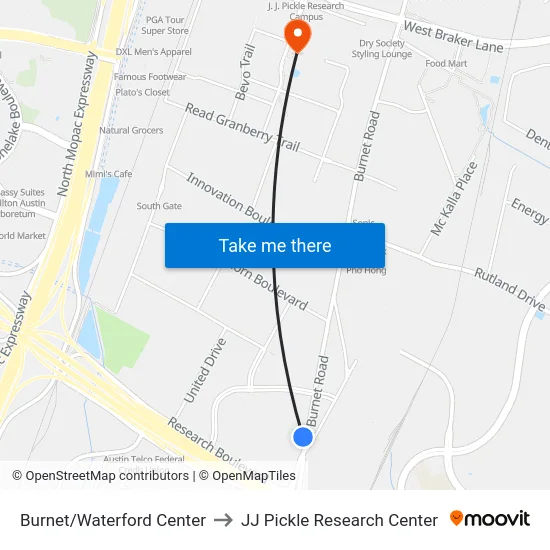 Burnet/Waterford Center to JJ Pickle Research Center map