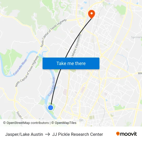 Jasper/Lake Austin to JJ Pickle Research Center map