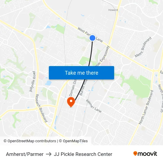 Amherst/Parmer to JJ Pickle Research Center map