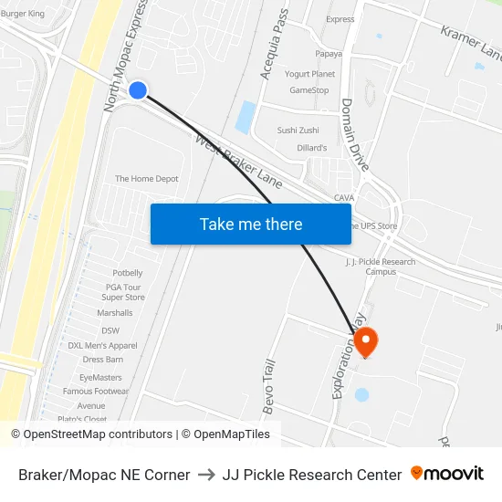 Braker/Mopac NE Corner to JJ Pickle Research Center map