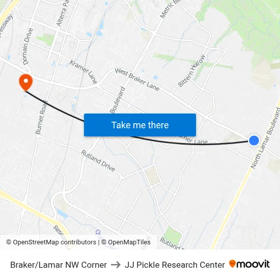 Braker/Lamar NW Corner to JJ Pickle Research Center map