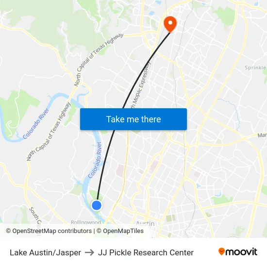 Lake Austin/Jasper to JJ Pickle Research Center map