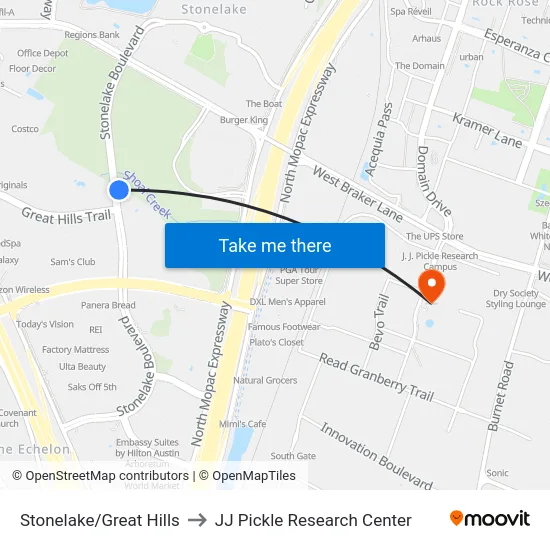 Stonelake/Great Hills to JJ Pickle Research Center map