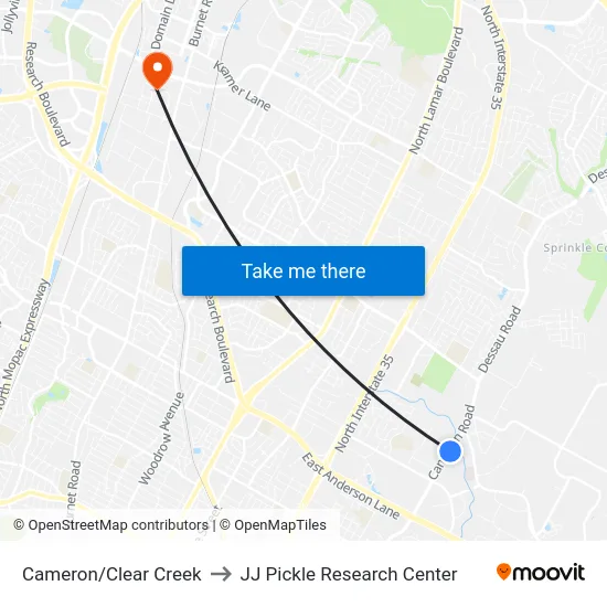 Cameron/Clear Creek to JJ Pickle Research Center map