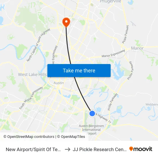 New Airport/Spirit Of Texas to JJ Pickle Research Center map