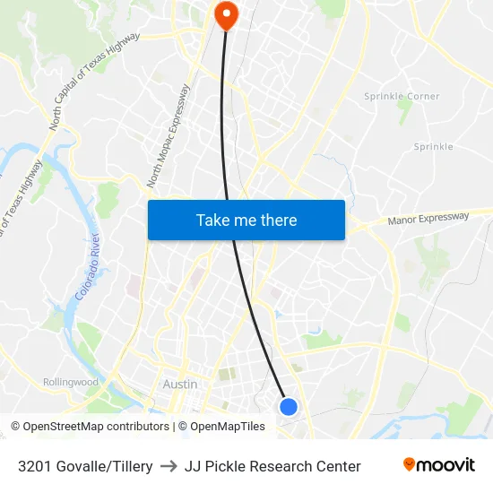 3201 Govalle/Tillery to JJ Pickle Research Center map