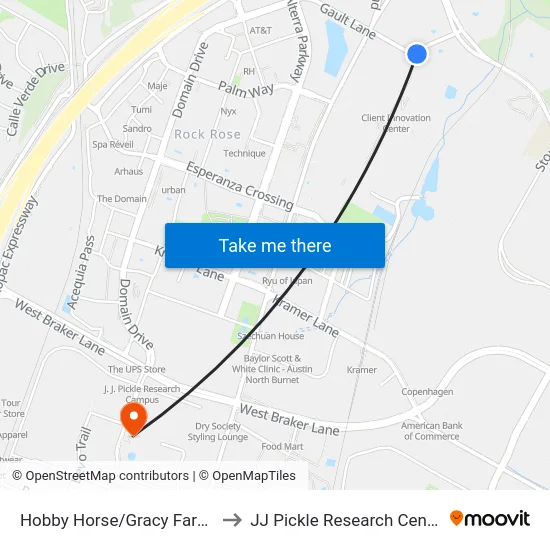 Hobby Horse/Gracy Farms to JJ Pickle Research Center map