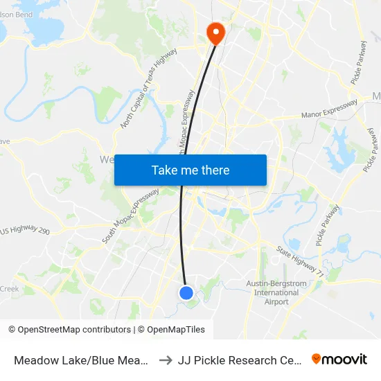 Meadow Lake/Blue Meadow to JJ Pickle Research Center map