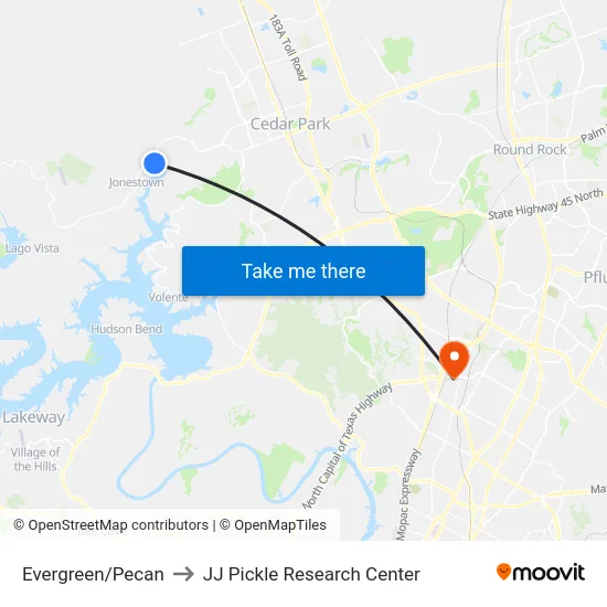 Evergreen/Pecan to JJ Pickle Research Center map
