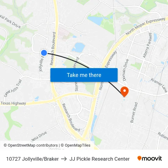 10727 Jollyville/Braker to JJ Pickle Research Center map