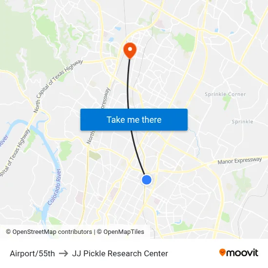 Airport/55th to JJ Pickle Research Center map