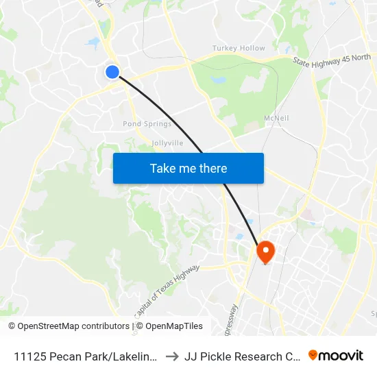 11125 Pecan Park/Lakeline Mall to JJ Pickle Research Center map