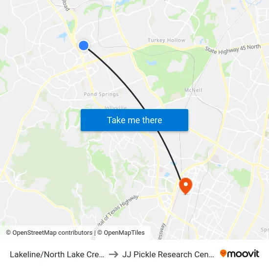 Lakeline/North Lake Creek to JJ Pickle Research Center map