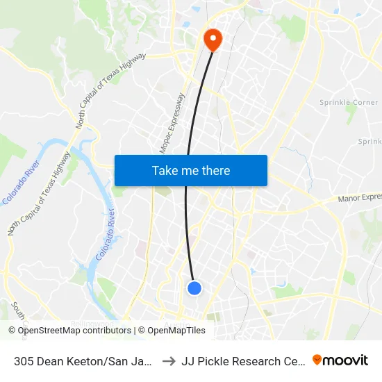 305 Dean Keeton/San Jacinto to JJ Pickle Research Center map